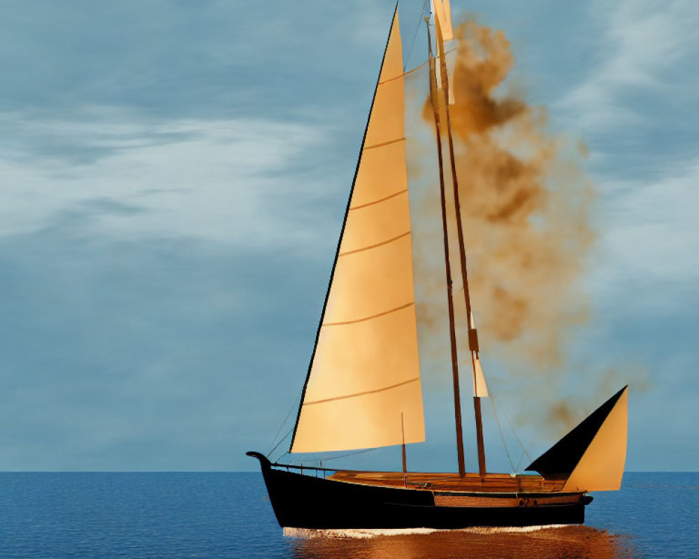 Sailboat on calm sea with unfurled sails, smoke billowing, blue sky