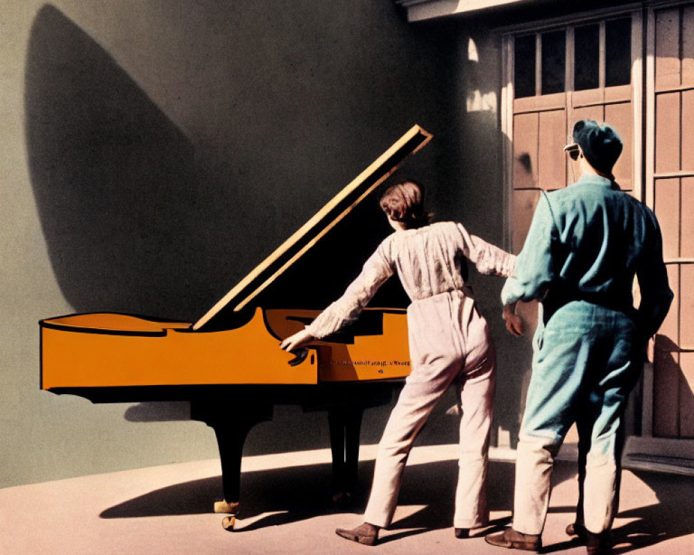 Vintage attired duo moves orange grand piano outdoors with shadow cast.