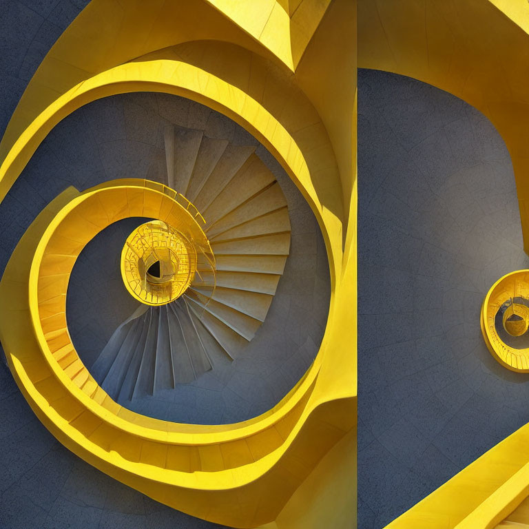 Spiral Staircase with Yellow Balustrades on Dark Walls