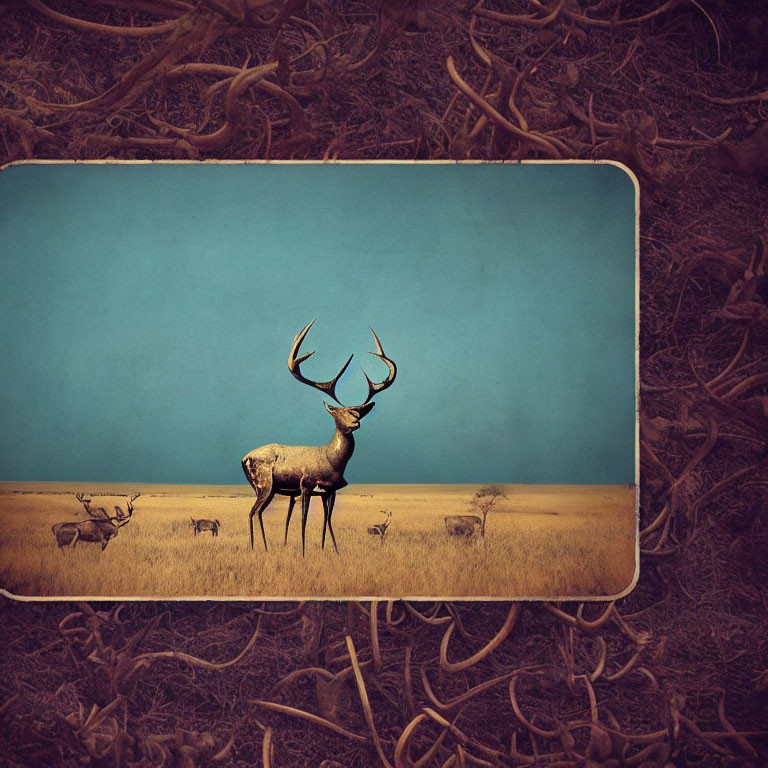 Stag in grassy field under blue sky with intricate tree branches on dark background