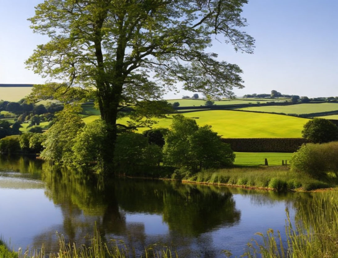 Tranquil landscape with tree by calm pond and lush green fields