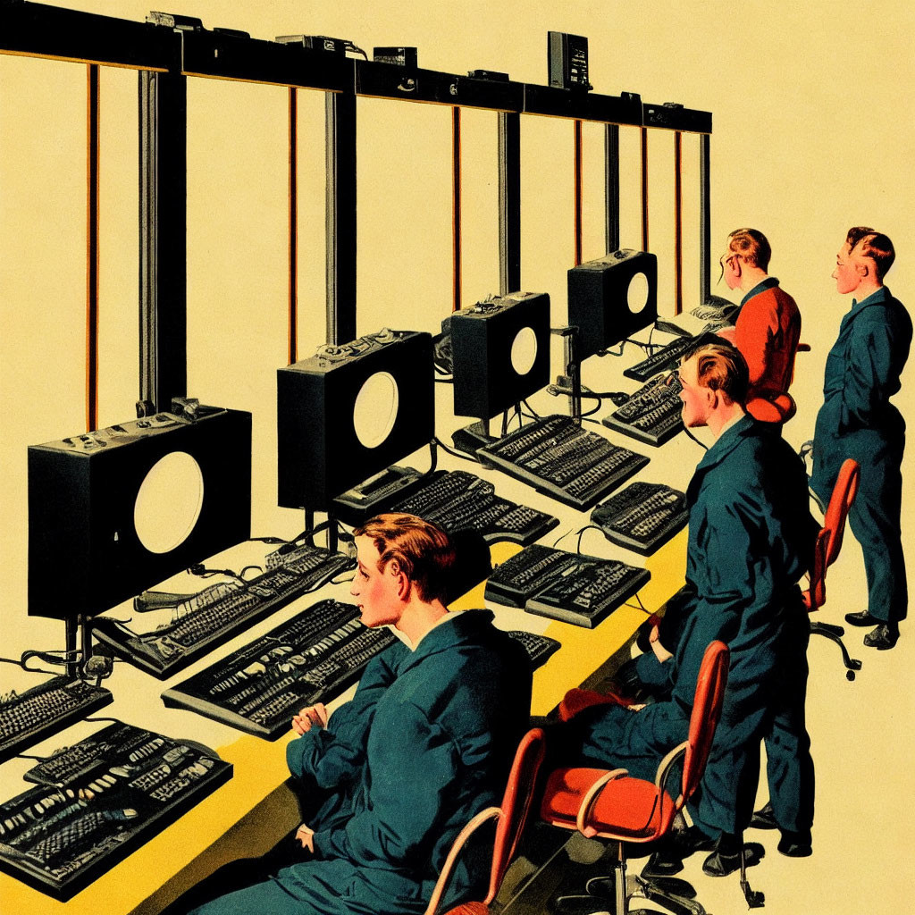 Vintage Attire People Working at Old-Fashioned Computers on Yellow Background