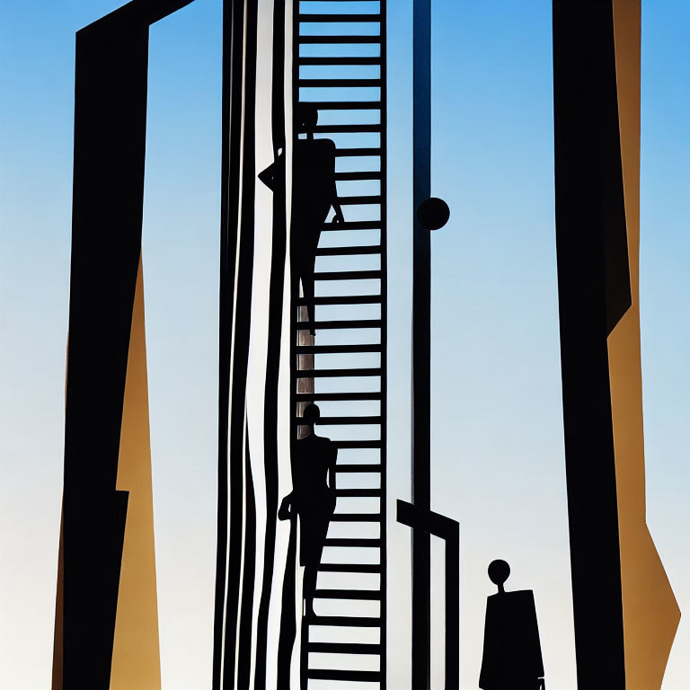 Silhouette figures climbing ladder in abstract art against blue sky