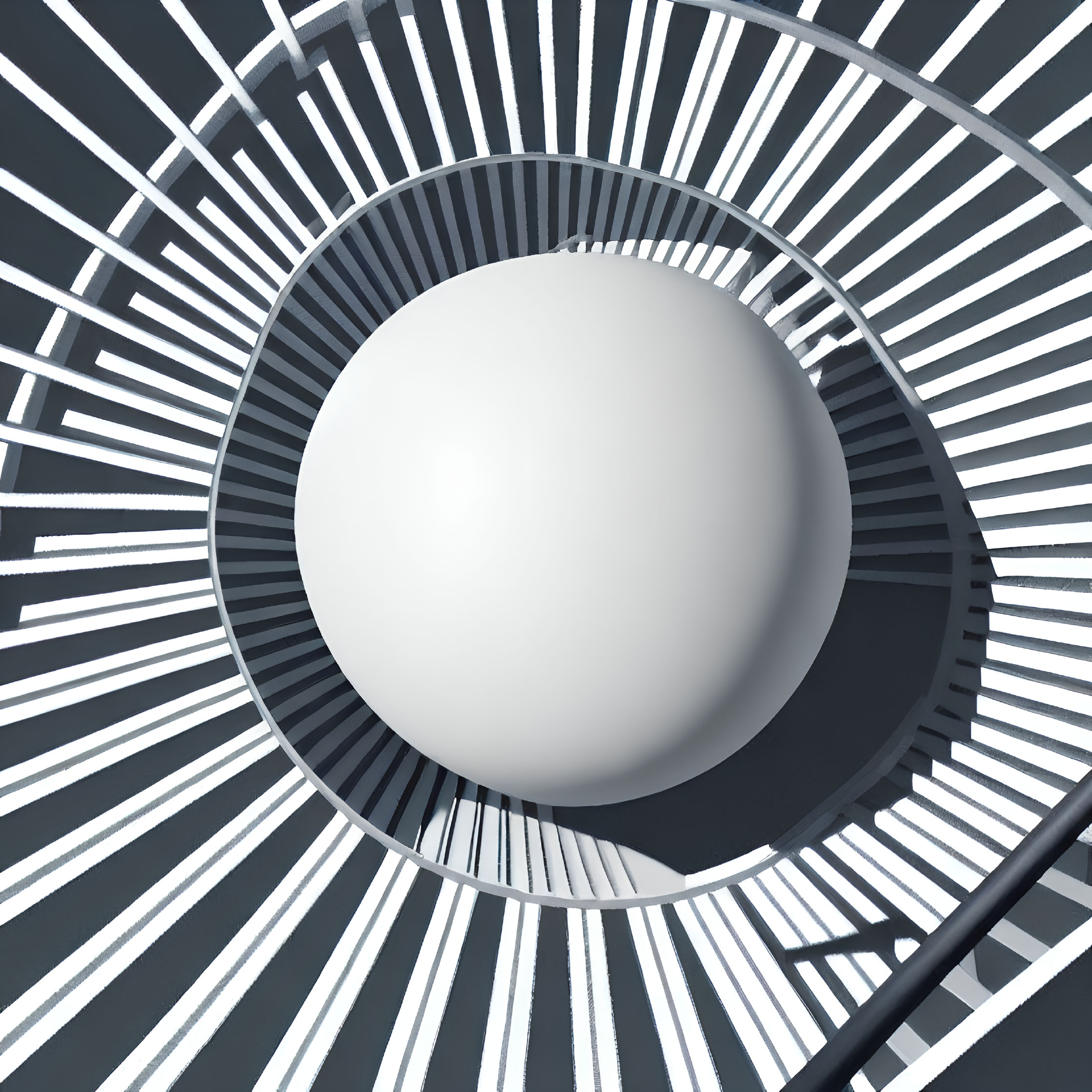 Circular black and white geometric pattern with white sphere centered - top-down view