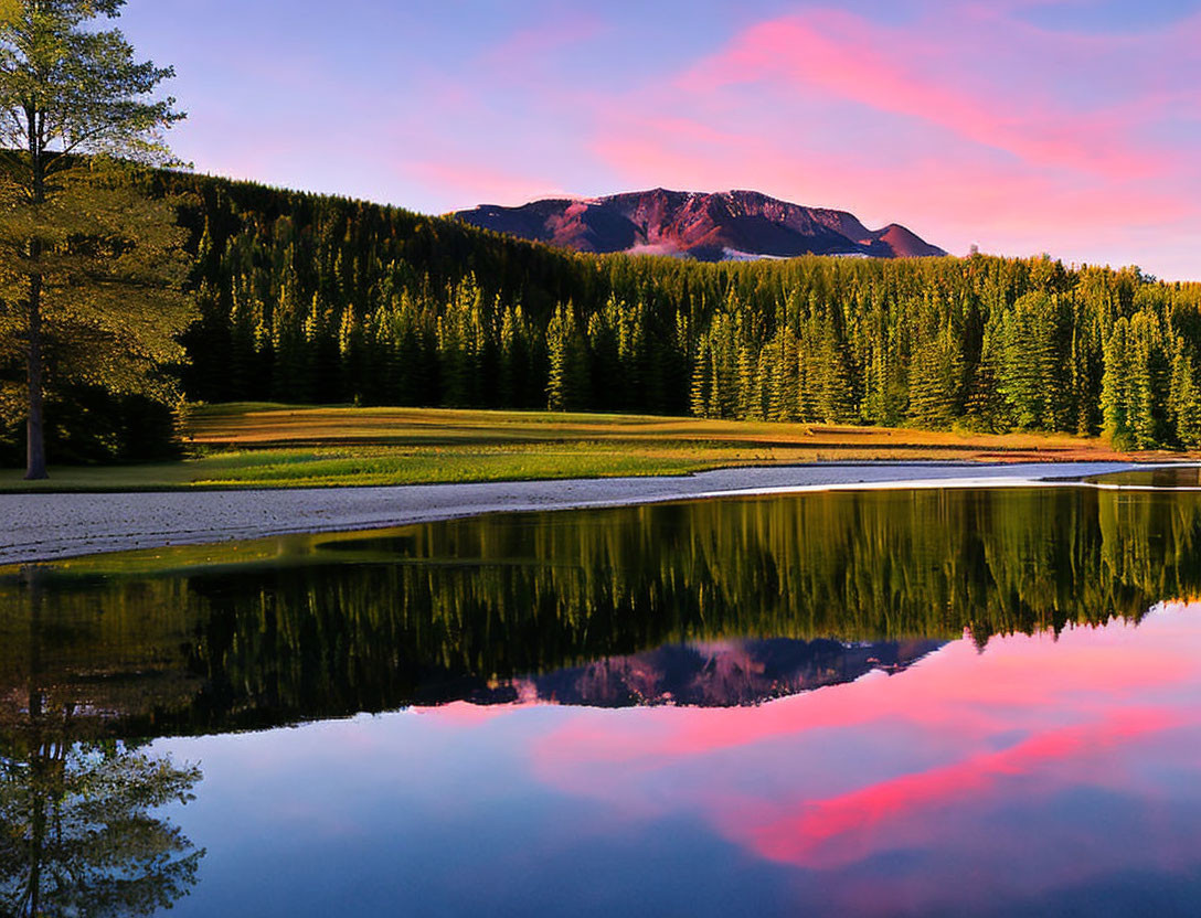 Tranquil lake scene with lush trees under pink and blue dusk sky