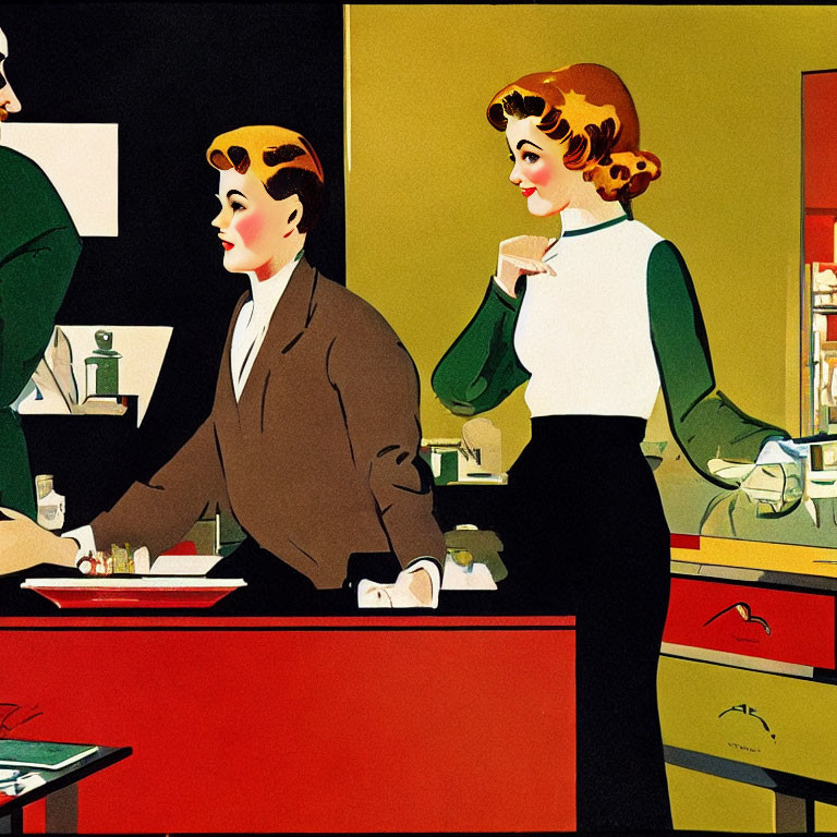 Illustration of two women at retro diner: one seated, one standing.