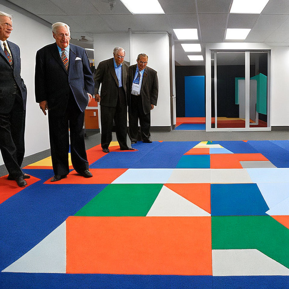 Elderly Men in Suits Walking on Colorful Geometric Carpet