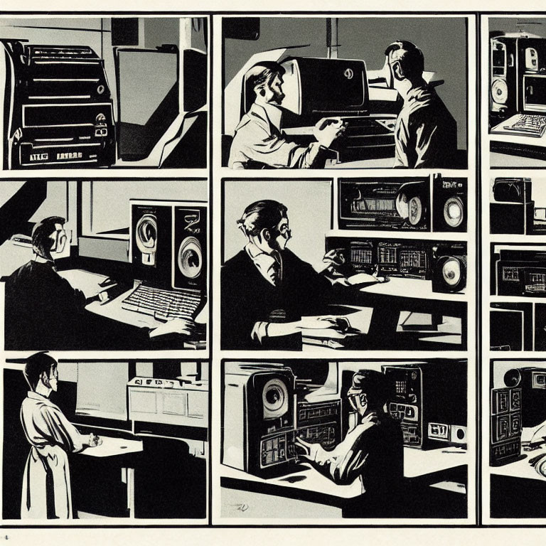 Stylized black and white illustration of vintage electronic equipment and people interacting in nine panels