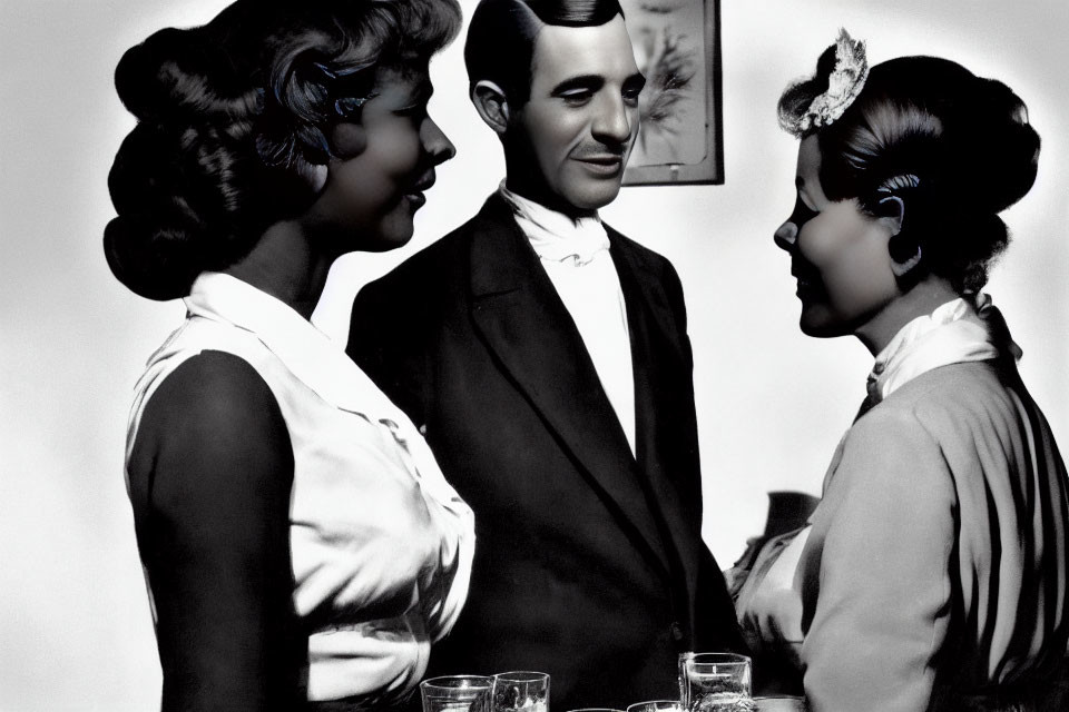 Monochrome photo of man in suit smiling at two women