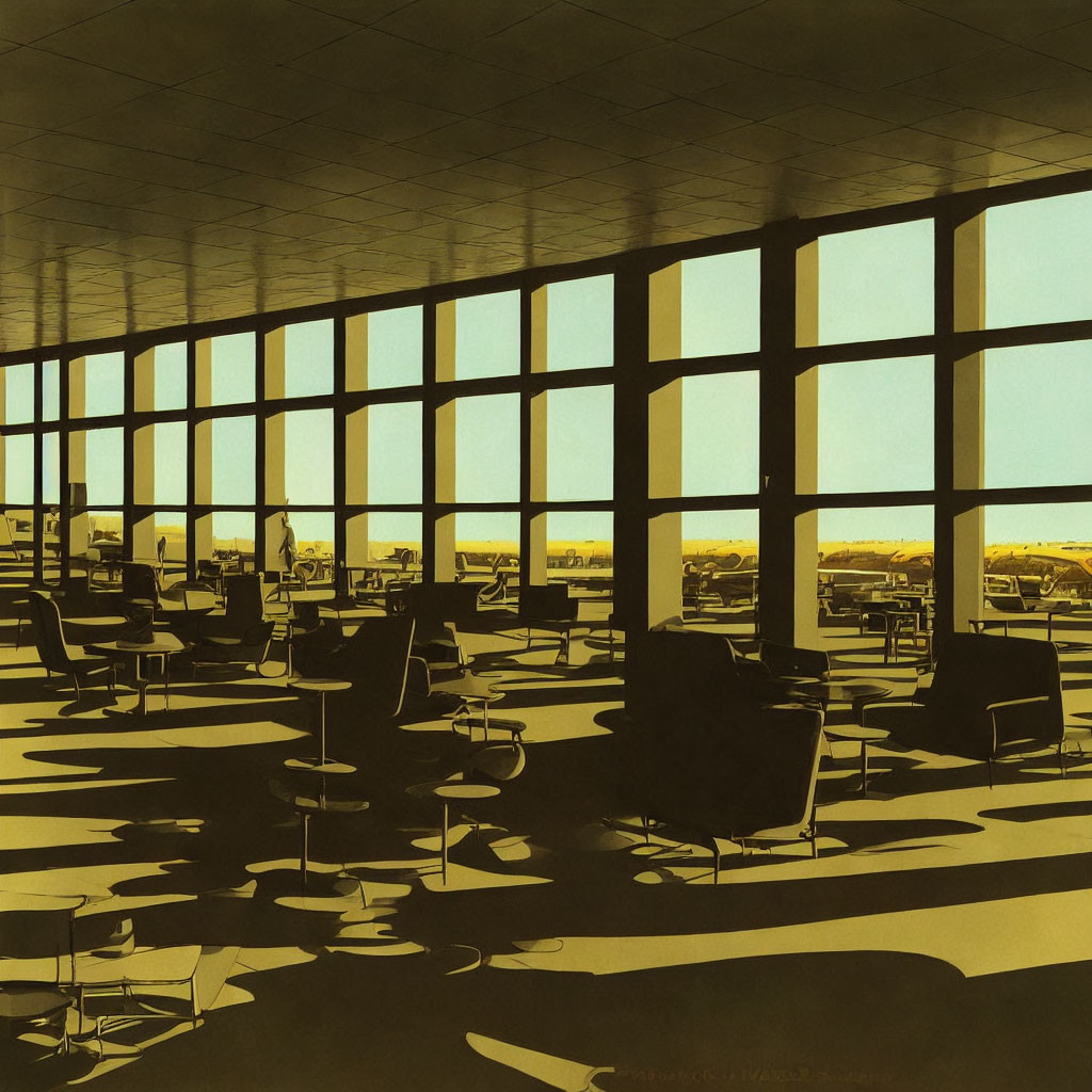 Airport lounge interior with large windows, warm tones, and contrasting shadows