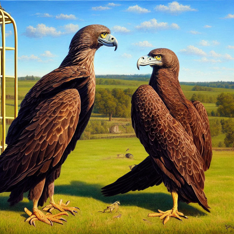 Two eagles with human-like eyes in grassy landscape with swing set and countryside.