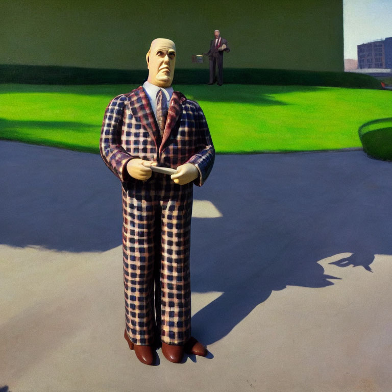 Man in Plaid Suit Standing in Shadow with Urban Structures and Figure in Background