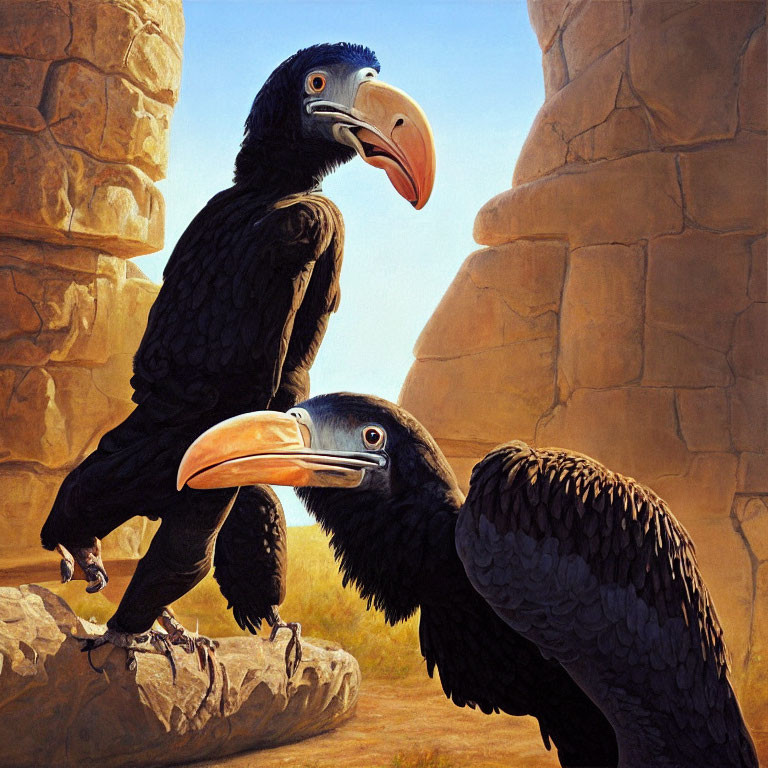 Black Hornbills Perched on Rocks with Warm Stone Walls and Clear Sky