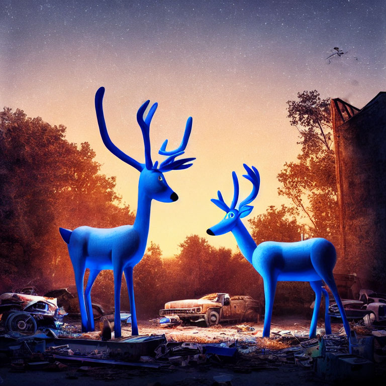 Glowing blue deer in junkyard with abandoned cars and helicopter at dusk