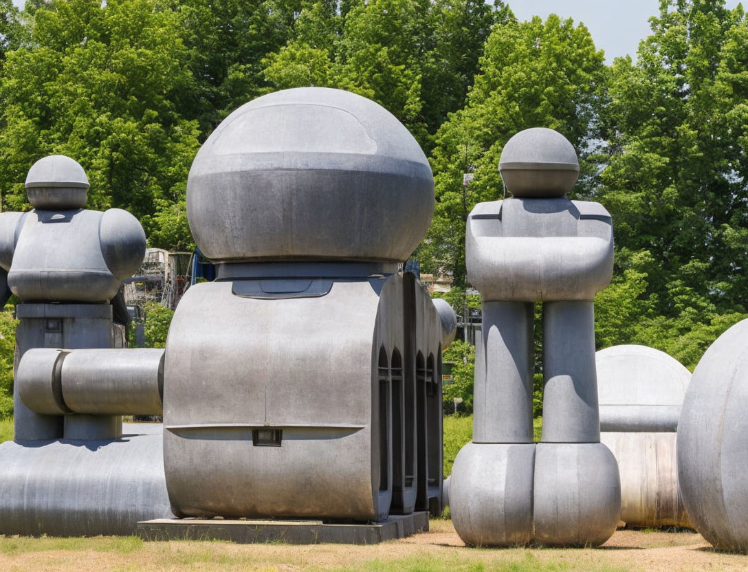 Metal robotic sculptures in park with trees