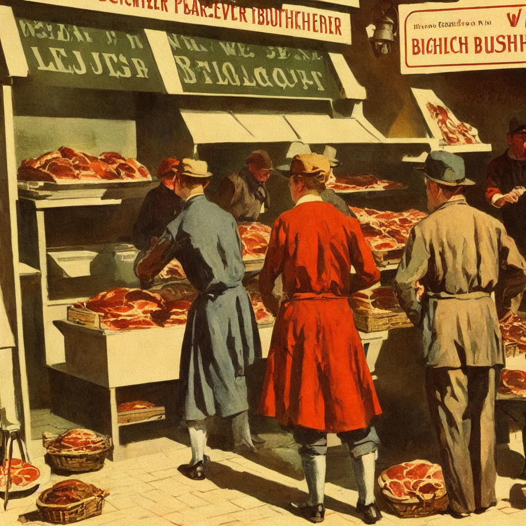 Vintage Clothing People at Traditional Butcher's Shop with German Signs