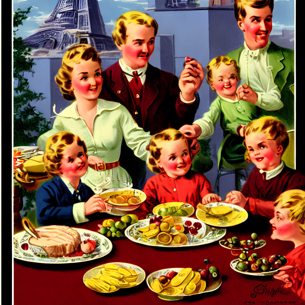 Charming family meal illustration with Eiffel Tower view