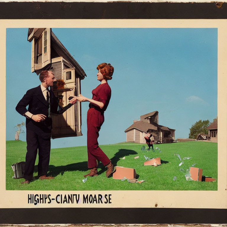 Vintage-style photo of man and woman with distorted house and gravity-defying elements.