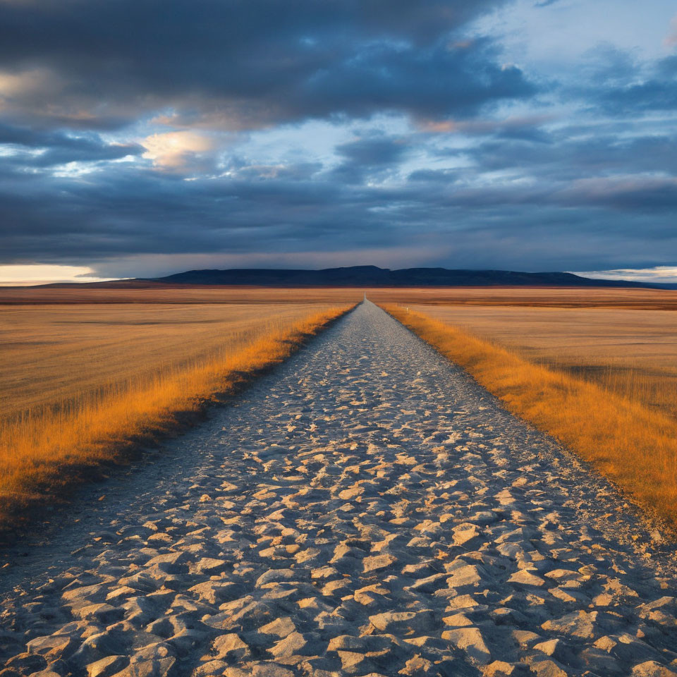 Cobblestone Road Through Golden Fields Under Dramatic Sky