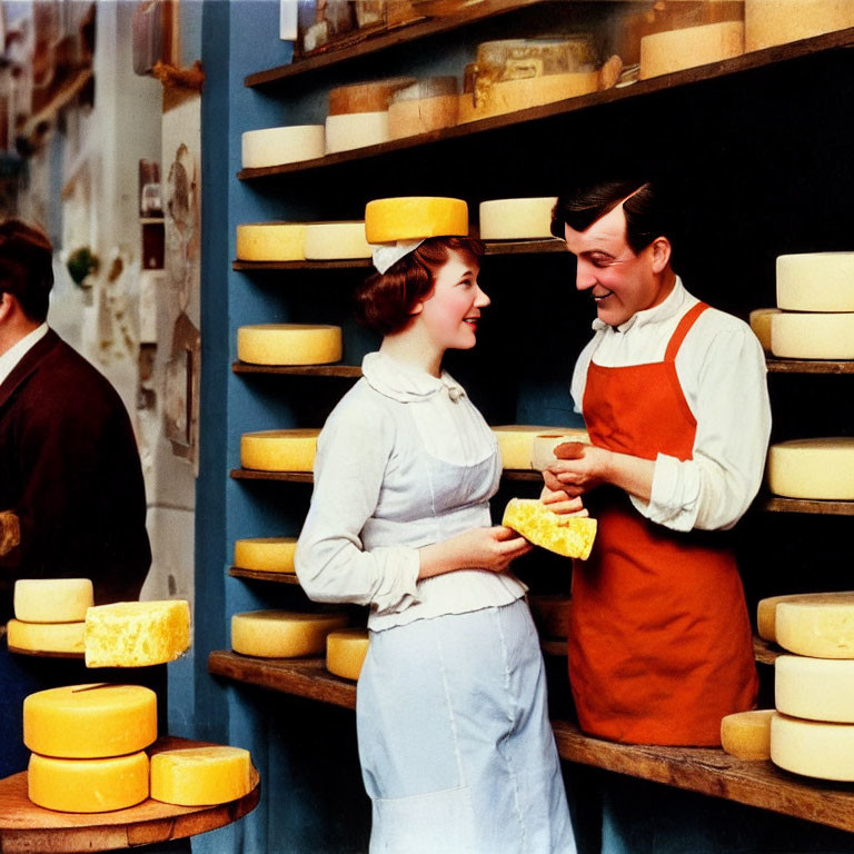 Vintage photo of smiling cheese shop clerk showing cheese to customer