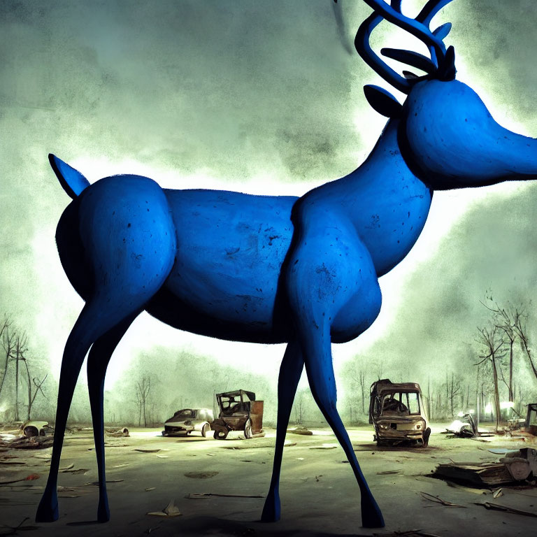 Stylized blue deer in desolate landscape with leafless trees and abandoned cars