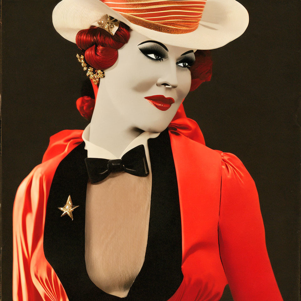 Red-haired woman in victory rolls, white hat, red jacket, bow tie, and star brooch