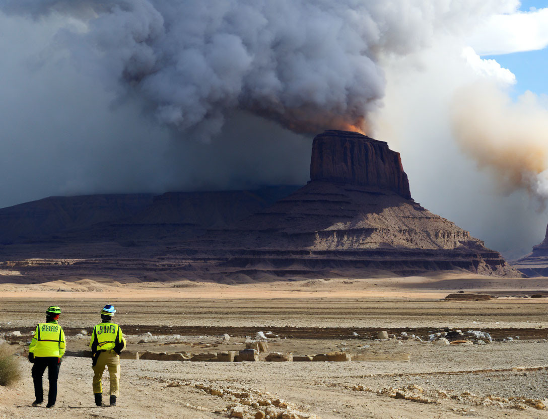 Reflective vest firefighters monitor fire near flat-topped mountain