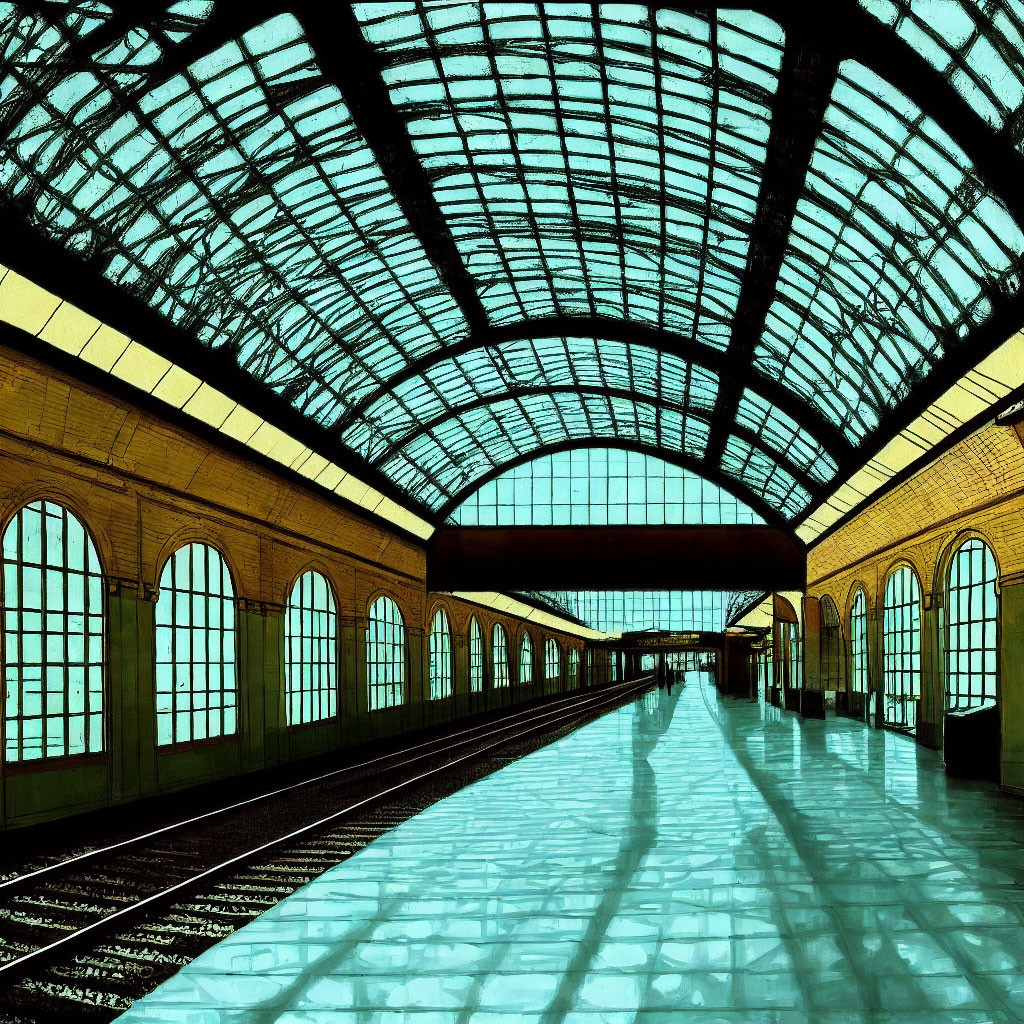 Symmetrical empty train station with large glass roof