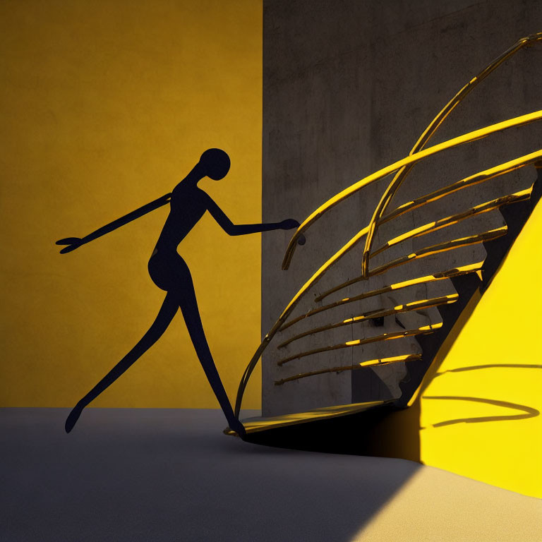 Silhouetted Figure Climbing Illuminated Staircase in Shadowy Environment