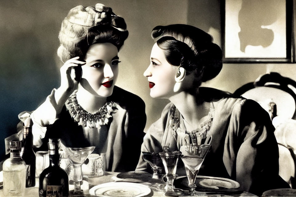 Vintage-style women chatting at table with colored lips and cheeks