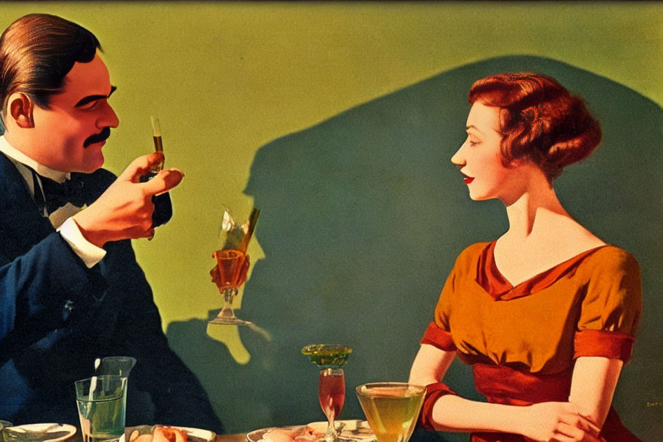 Vintage-style Illustration: Man and Woman Toasting in Formal Attire