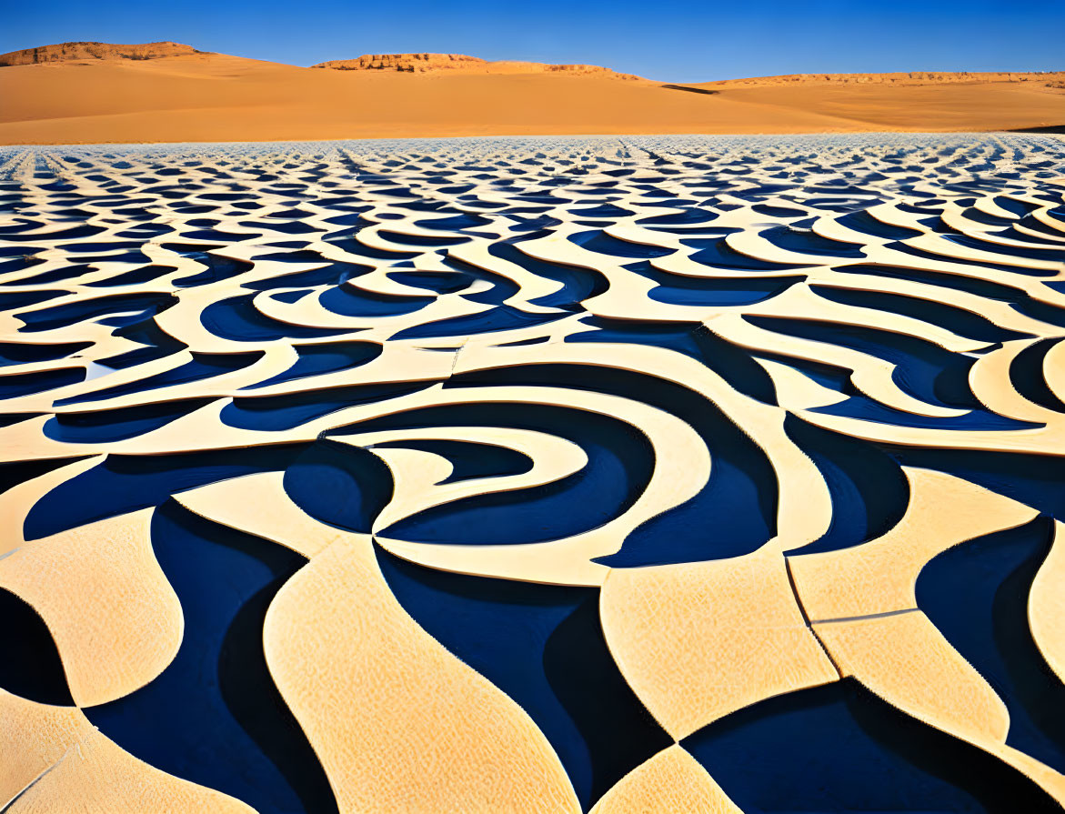 Monochrome swirling pattern over desert landscape with sand dunes