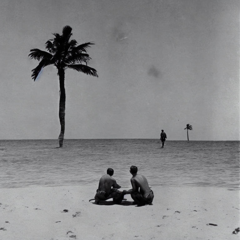 Beach scene with two people, palm trees, and walking figure