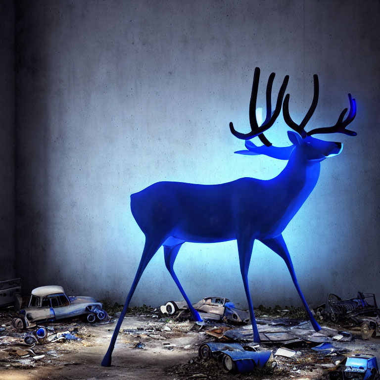 Vibrant blue stag with glowing antlers in decayed toy car scene