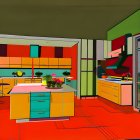 Modern Kitchen with Green Walls, Teal Cabinets, Yellow Island, Granite Countertop, and Orange