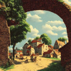 Sunlit village scene with archway, villagers, and horse-drawn cart.