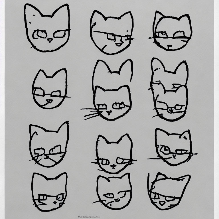 Collection of Cat Face Line Drawings with Expressions and Glasses on Plain Background