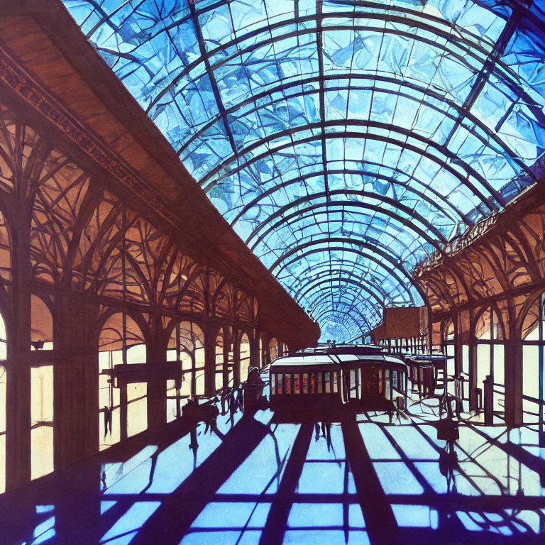 Grand Hall with Arched Glass Ceiling and Defined Shadows