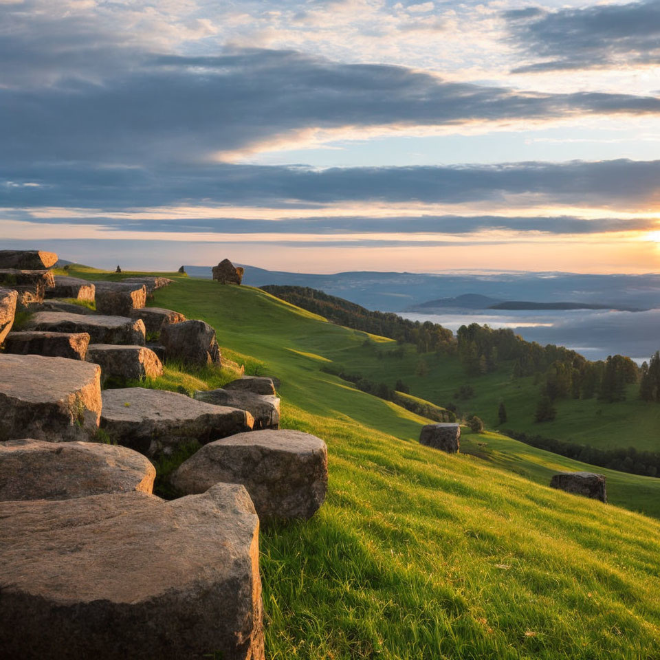 Tranquil sunset scene: grassy hillside, rock pathway, solitary house, valley view