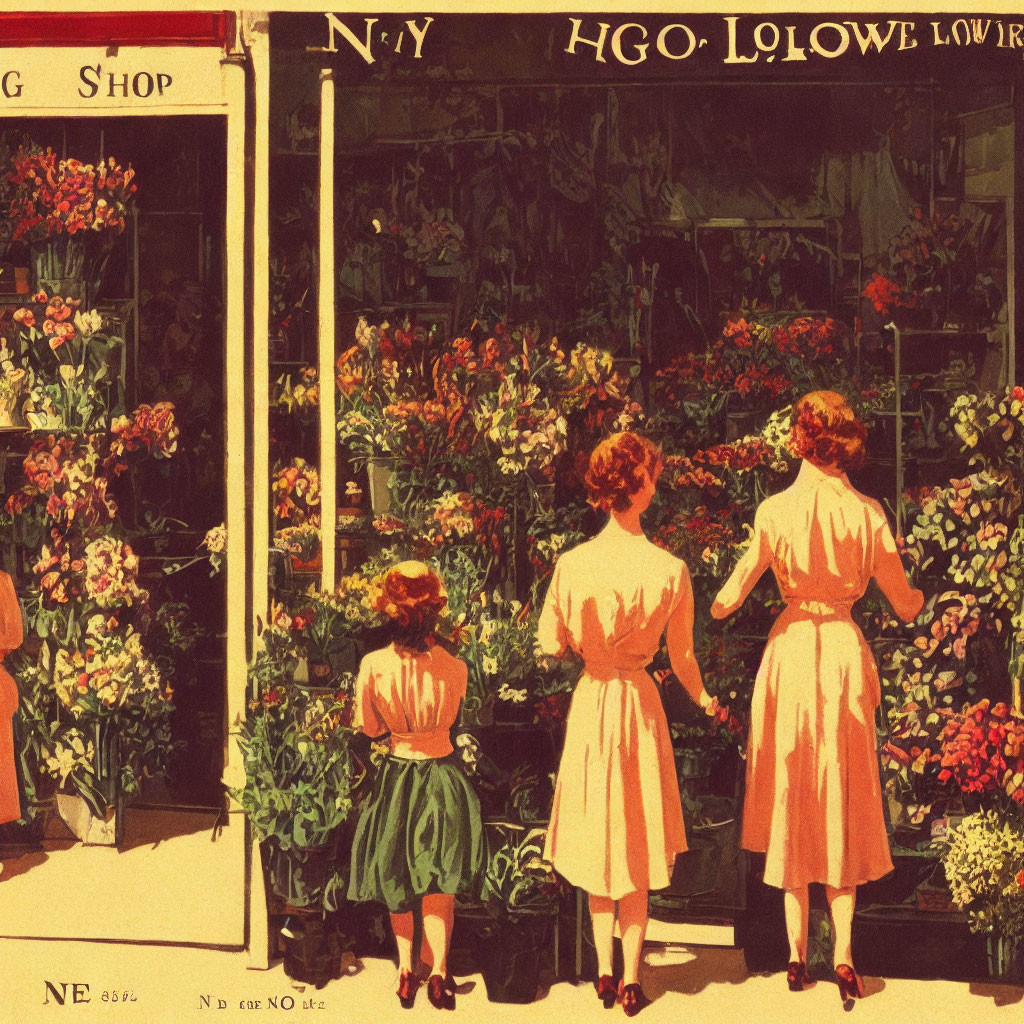 Three women in period clothing admire vibrant flower shop window display