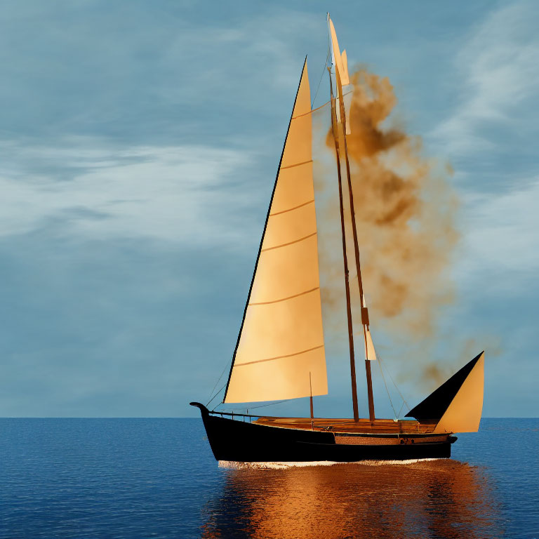 Sailboat on calm sea with unfurled sails, smoke billowing, blue sky