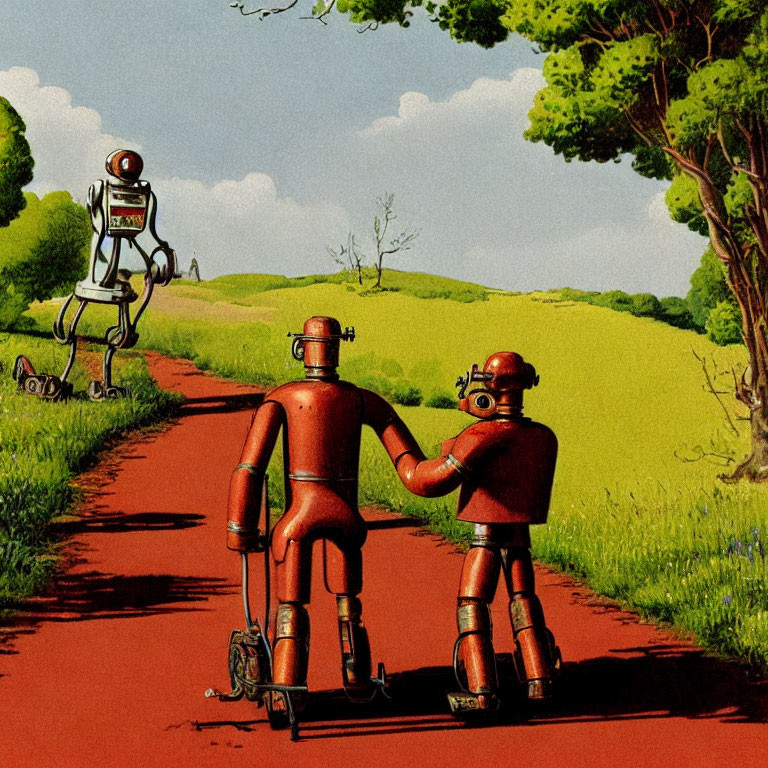 Retro-style robots walking in rural landscape