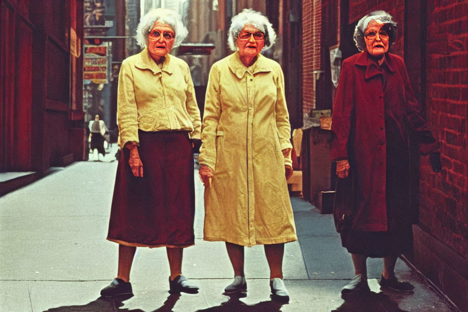 Elderly women walking in urban street scene