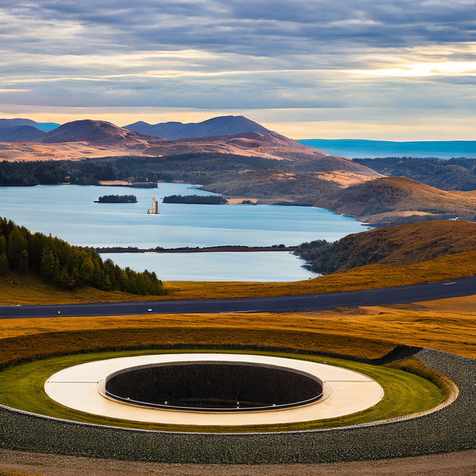 Circular Structure Surrounded by Rolling Hills and Lake at Dusk