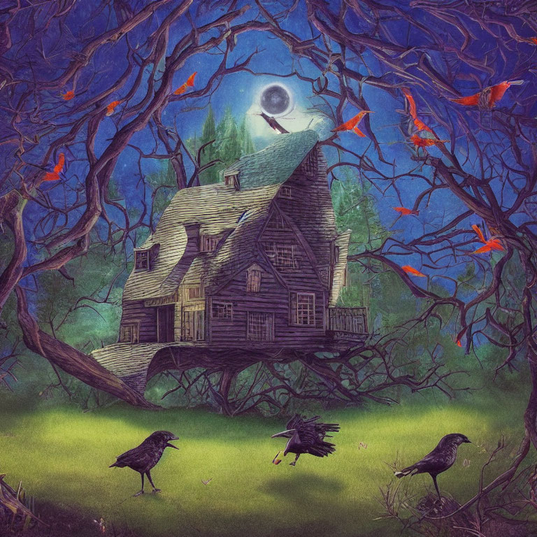 Spooky crooked house under full moon with twisted trees and red-eyed ravens