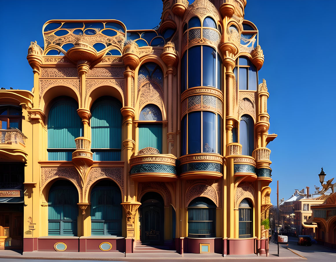 Elaborate Building with Intricate Balconies and Golden-Yellow Façade