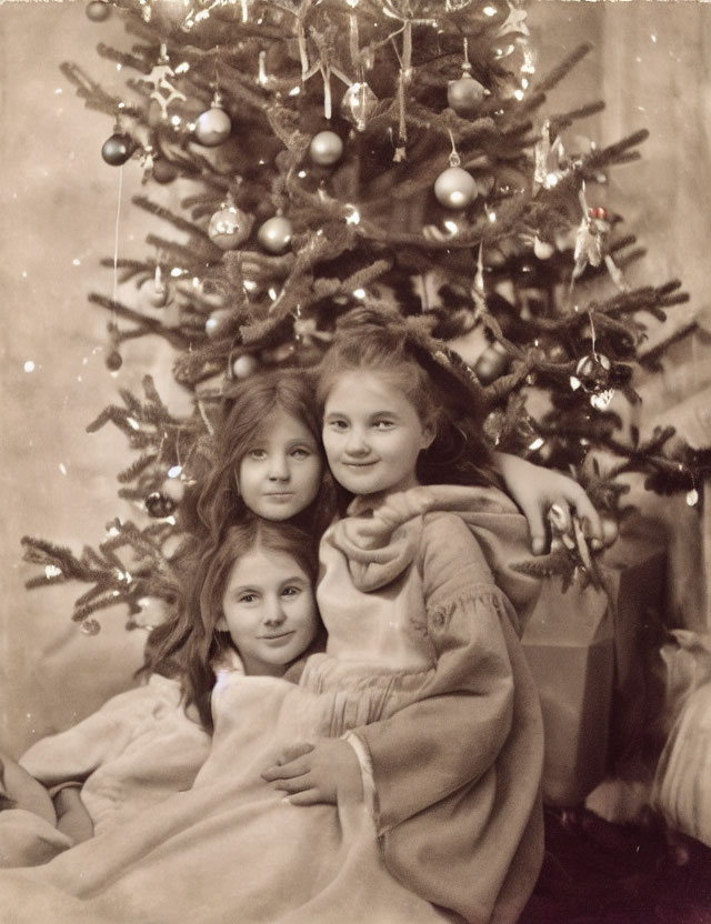 Three girls smiling in front of vintage Christmas tree.