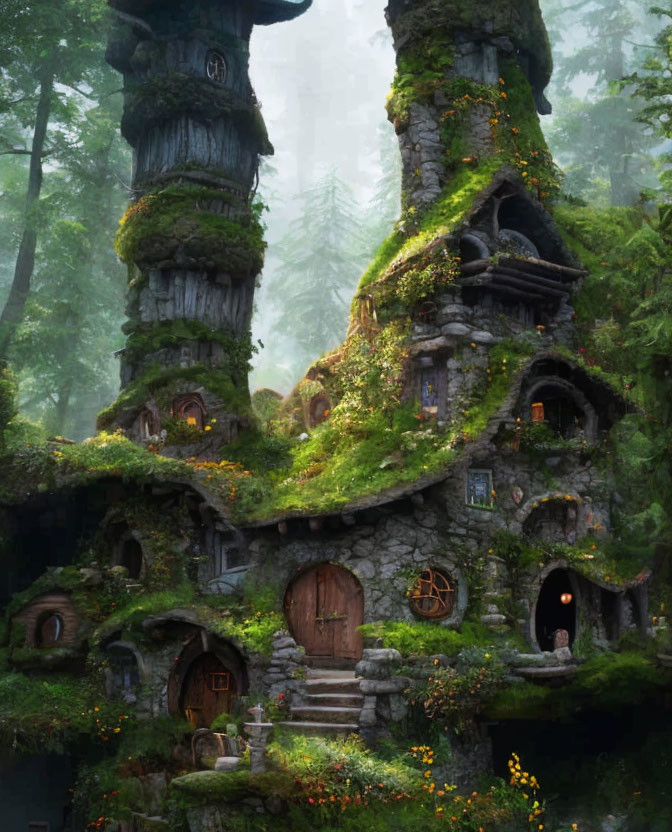 Moss-Covered Treehouse Dwellings in Enchanted Forest