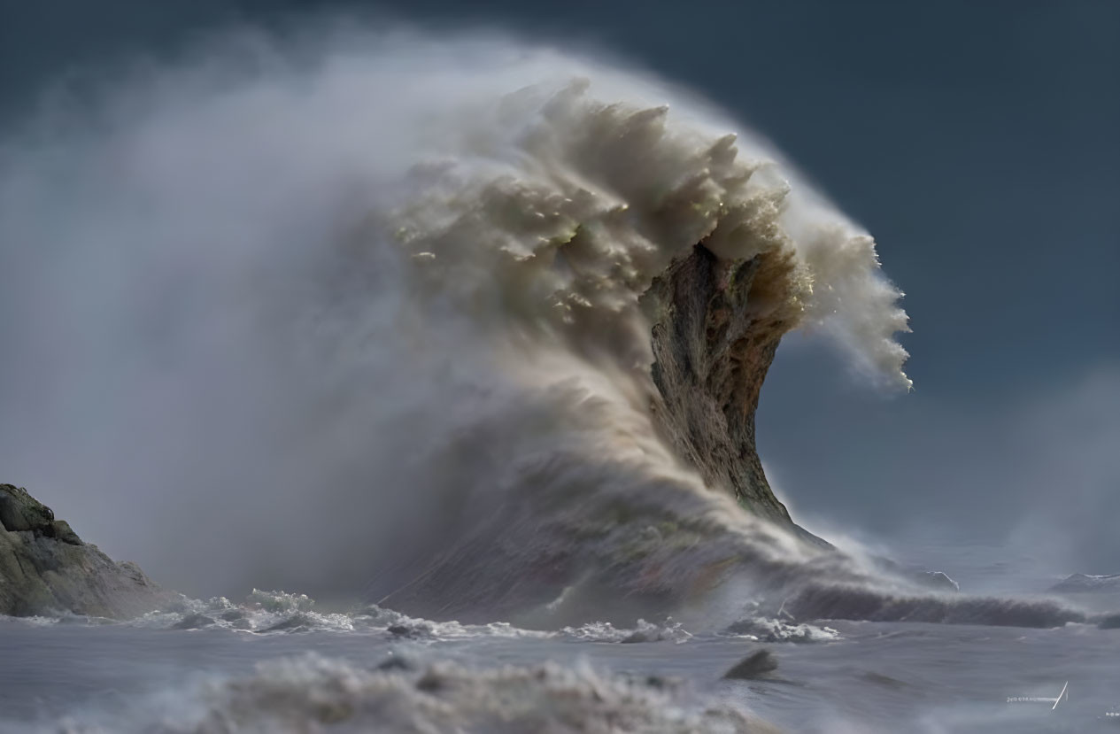 Powerful Wave Crashing in Stormy Sky