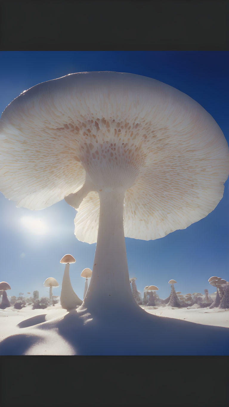 Enormous mushrooms under blue sky with light filtering through caps